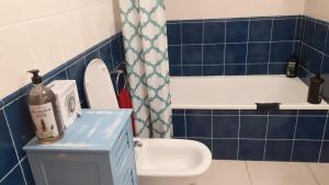 Un baño azul y blanco con inodoro y lavabo. en Superbe appartement, en Peñíscola 3 fotos más