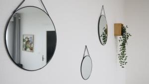 a mirror hanging on a white wall with plants at La tour des cépages 4 personnes au cœur des vignes in Avize