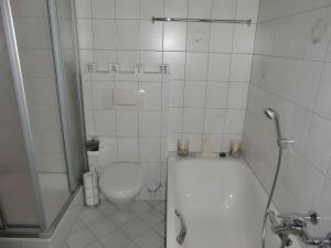 un bagno bianco con wc e doccia di Ferienwohnung Uli Schätzle a Hornberg