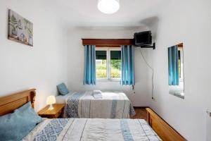 una camera da letto con due letti, una tv e una finestra di Jorge Galinheiro Alojamento Local a Mamouros