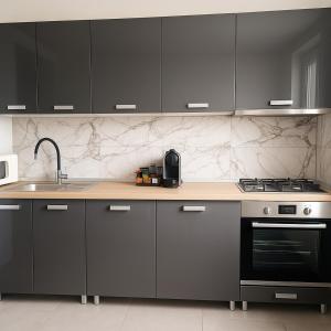 a kitchen with gray cabinets and a sink and a stove at Casiana Apartments in Timişoara