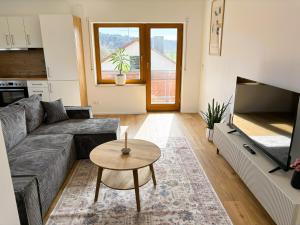 a living room with a couch and a table at Moderne Wohnungen in der Nähe des Bodensees in Überlingen +13 photos