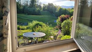 una finestra che dà su un giardino con un tavolo di Haus Kranzusch a Sonthofen