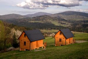 two houses on a hill with mountains in the background at Domki w Beskidach- Agroturystyka" Babiogórski pejzaż" in Pewel Wielka