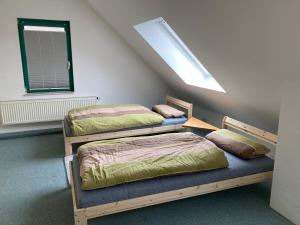 ein Zimmer mit zwei Etagenbetten und einem Fenster in der Unterkunft Große Wohnung Oberntor in Stadthagen