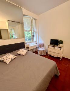 a bedroom with a bed and a mirror and a television at Excelsior Relaxing Apartment in Levanto
