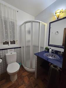 a bathroom with a shower and a toilet in it at El Arrabal de la Barrosa in Chiclana de la Frontera +42 photos