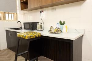 a kitchen with a counter top with a microwave at Palette Room, Design House in Lekki