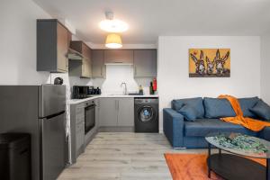 a living room with a blue couch and a kitchen at Charming 1 BR apartment walk to city centre in Belfast