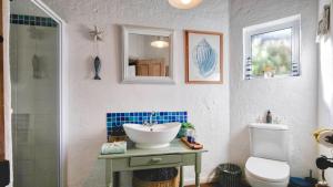 a bathroom with a sink and a toilet at Klein-Hangklip Remote Mountain Studio Cottage in Rooiels +48 photos