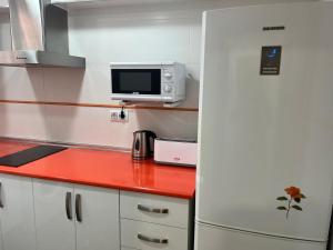 a kitchen with a white refrigerator and a microwave at District Key - Puerto de Sagunto, Asturias in Puerto de Sagunto