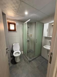 a bathroom with a shower and a toilet and a sink at FAMİLY PLAs HOME in Edirne +100 photos