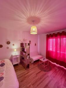 ein Schlafzimmer mit rosa Vorhängen und einem Bett und einem Regal in der Unterkunft L'Hélios - T1 Bis - Bord de Sarthe in Le Mans