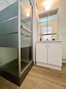 eine Glasdusche in einem Zimmer mit einer Theke in der Unterkunft L'Hélios - T1 Bis - Bord de Sarthe in Le Mans