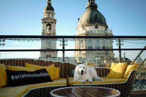 a white dog sitting on a bench on a balcony at Aria Hotel Budapest by Library Hotel Collection in Budapest