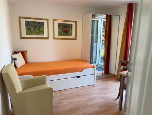 a small bedroom with a bed and a chair at Ruhige Ferienwohnung mit Balkon und Blick in die Natur in Bad Saulgau