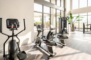 a gym with treadmills and ellipticals in a room at Cosy studio Free Parking Free unlimited drinkable water Near Downtown in Dubai