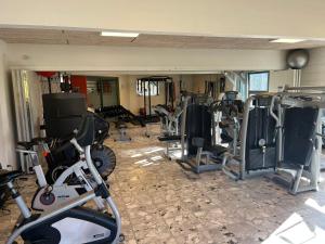 a gym with a bunch of equipment in a room at Hærvejshallen Hytte 1 in Bække