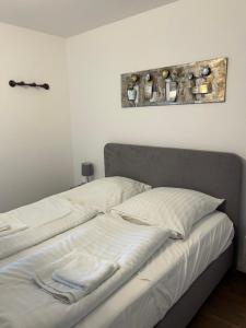 een bed met twee kussens en een foto aan de muur bij App 365 Panoramic Hohegeiß mit WLan in Braunlage +33 foto's