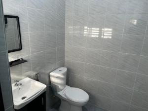 a bathroom with a white toilet and a sink at Homestay Adilah D in Selising +14 photos