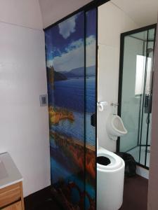 a bathroom with a toilet with a painting on the wall at Q'OTA TAYPY LODGE in Puno