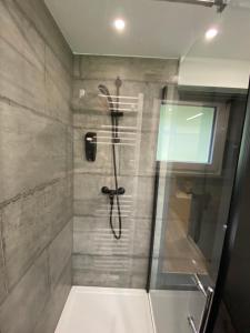デーブリアッハにあるAppartement Felsblick Ferienhaus Fuenf Sinneの浴室のガラス扉付きシャワー