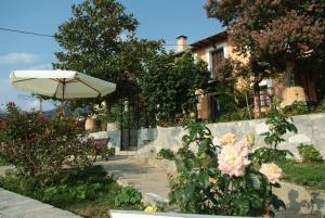 a patio with an umbrella and some flowers at Παραδοσιακός ξενώνας Ναϊάς in Zagora