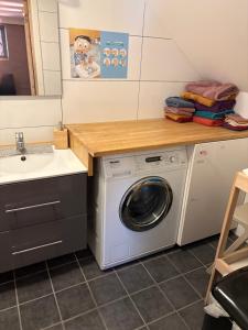 - une buanderie avec un lave-linge et un évier dans l'établissement Child friendly basement apartment, à Lii