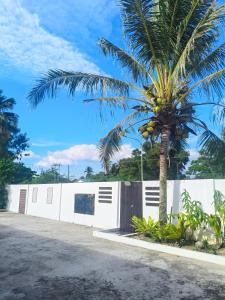 a palm tree in front of a white fence at Vi Sweet Home- Luak in Gua Sai