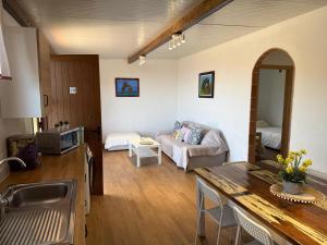モカナルにあるVivienda Vacacional La cuevaのソファとテーブルのあるキッチンとリビングルーム