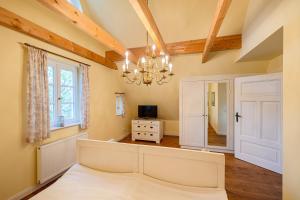 a bedroom with a bed and a chandelier at Landhaus Trent Haushälfte Breetz in Trent