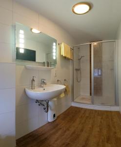 une salle de bain avec un lavabo et une douche dans l'établissement Urlaub im historischen Mitteltor, à Xanten