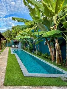 a pool with a palm tree next to a house at Tropicália Chalés Boutique in Pipa
