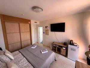 a bedroom with a bed and a flat screen tv at Marbella Deluxe Rooms in Royal Cabopino Townhouse in Marbella