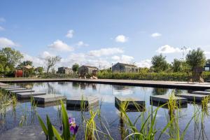 ヴェストカペレにあるHello Zeeland - Tiny House Zeeuwse Liefde 2のベンチと家のある水たまり