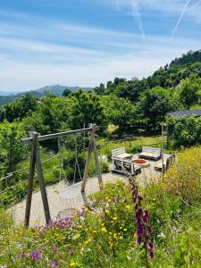 a view of a garden with a swing and flowers at Quinta da Lembrança in Arcos de Valdevez +46 photos
