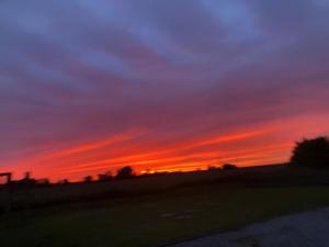 a sunset over a field with a fence at große Ferienwohnung Inselhuus in Nordstrand