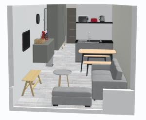 a room with a kitchen with a table and chairs at L'observatoire du MontBlanc - Arc 2000 - LaConciergerie du Varet in Arc 2000