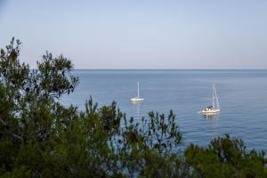 two boats floating on a large body of water at AH Premium Baia dei Faraglioni in Mattinata