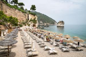 a bunch of chairs and umbrellas on a beach at AH Premium Baia dei Faraglioni in Mattinata