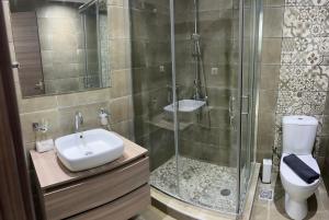 een badkamer met douche, wastafel en toilet bij Ammouses Apartment in Potamós +17 foto's