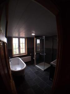 a bathroom with a tub and a shower and a sink at den overkant in Diksmuide