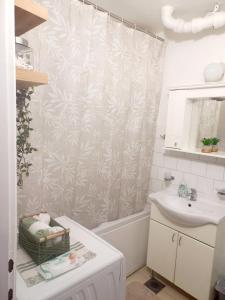 a bathroom with a shower curtain and a sink at Mountain view apartment in Pirot