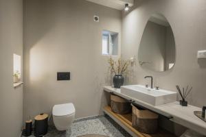 Un baño con lavabo, inodoro y espejo. en Daphni Premium Apartment - Peaceful Veranda Stay in Tinos Old Town, en Tinos 9 fotos más