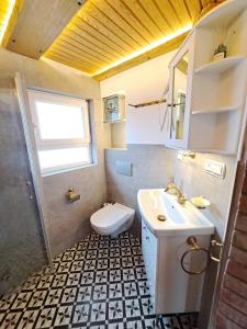 a small bathroom with a sink and a toilet at Ferienhaus Rita in Bad Bocklet