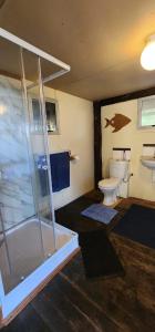 a bathroom with a shower and a toilet at Xai Xai Mozambique, Fish Eagle, Xai Xai Beach Front in Xai-Xai