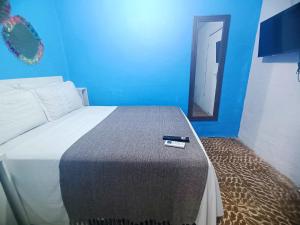 a bed in a blue room with a mirror at Pousada Sol e Mar de Pajuçara in Maceió