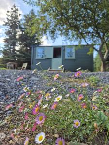 a small house with flowers in front of it at Clissmann Farm Shepherds Hut in Rathdrum