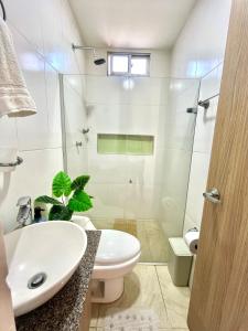 a bathroom with a sink and a toilet and a shower at Beachfront Cabin with Private Pool in Puerto Colombia +42 photos