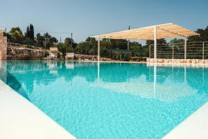 a large swimming pool with a clear blue water at HelloAPULIA Trulli Flora - Charming Trulli with Private Pool and Garden in Noci +38 photos